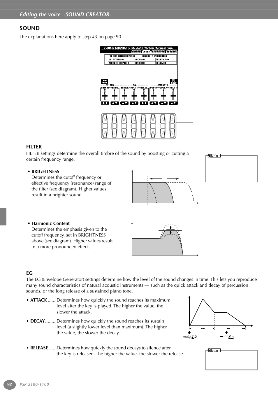 Sound, Filter, Editing the voice -sound creator | T he explanations here apply to step #3 on page 90 | Yamaha 1100 User Manual | Page 92 / 176