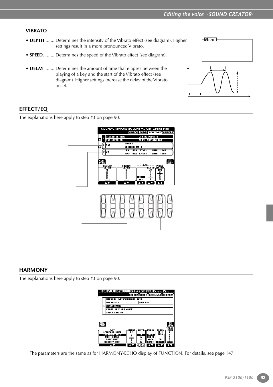 Vibrato, Effect/eq, Harmony | Editing the voice -sound creator | Yamaha 1100 User Manual | Page 93 / 176