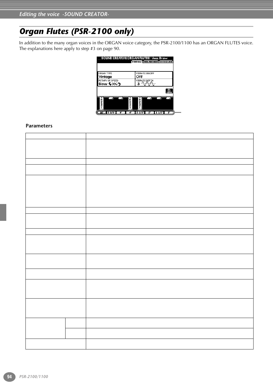 Organ flutes (psr-2100 only), Parameters, Editing the voice -sound creator | Yamaha 1100 User Manual | Page 94 / 176