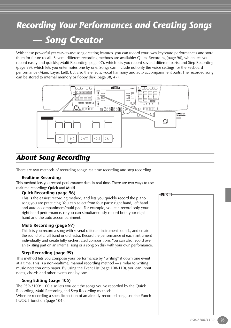 About song recording, Realtime recording, P. 95 | Quick recording (page 96), Multi recording (page 97), Step recording (page 99), Song editing (page 105), Part, Variation, Reset | Yamaha 1100 User Manual | Page 95 / 176