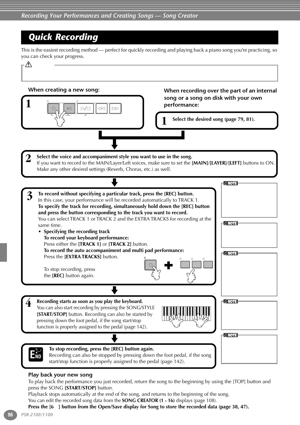 Quick recording, When creating a new song, Play back your new song | Yamaha 1100 User Manual | Page 96 / 176