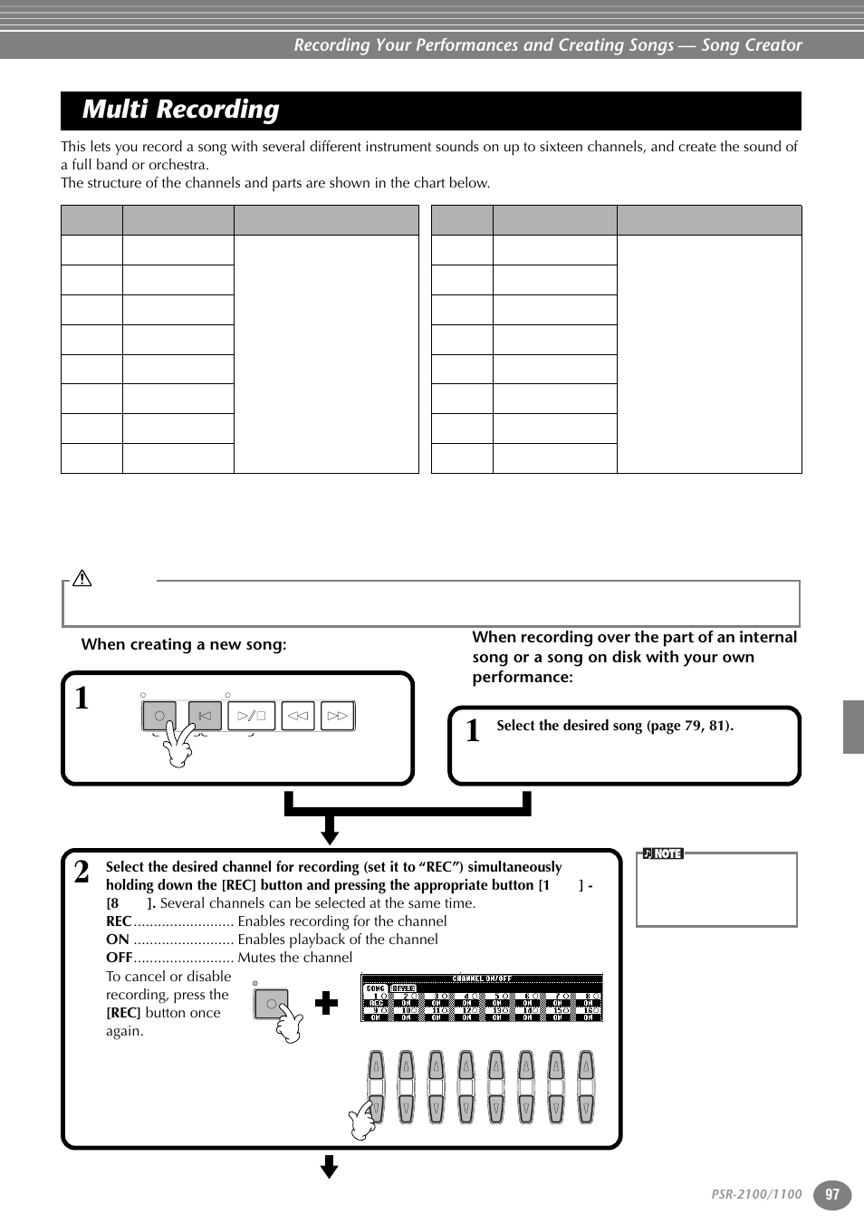 Multi recording, When creating a new song | Yamaha 1100 User Manual | Page 97 / 176
