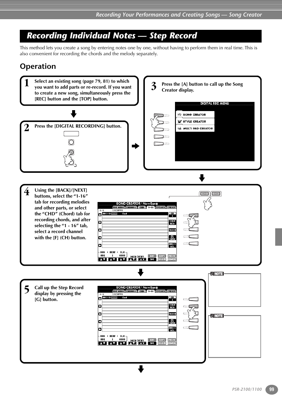 Recording individual notes — step record, Operation | Yamaha 1100 User Manual | Page 99 / 176