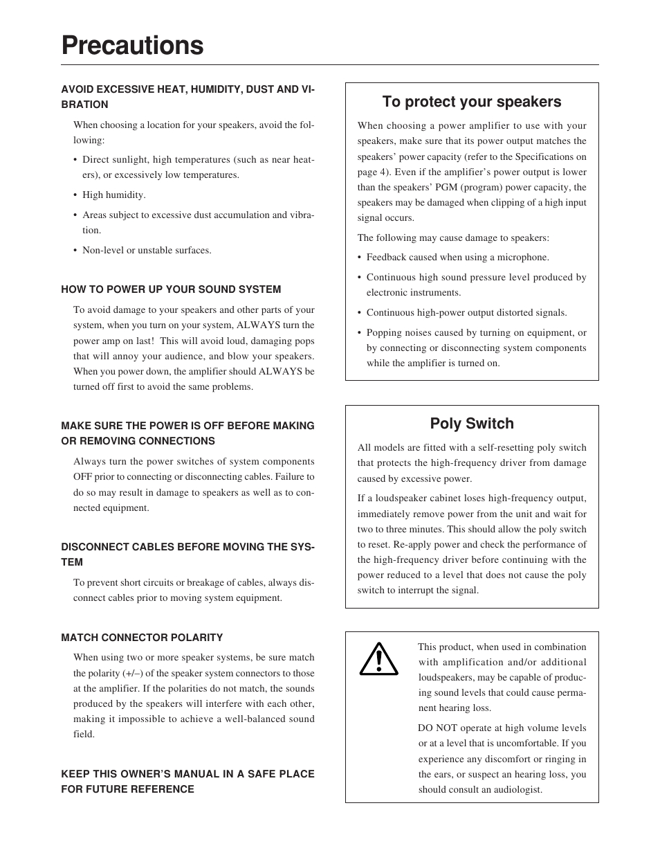 Precautions, Poly switch | Yamaha S10e User Manual | Page 2 / 4