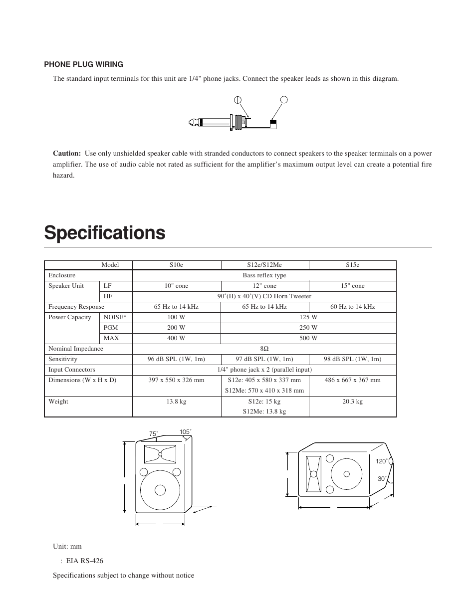 Specifications | Yamaha S10e User Manual | Page 4 / 4