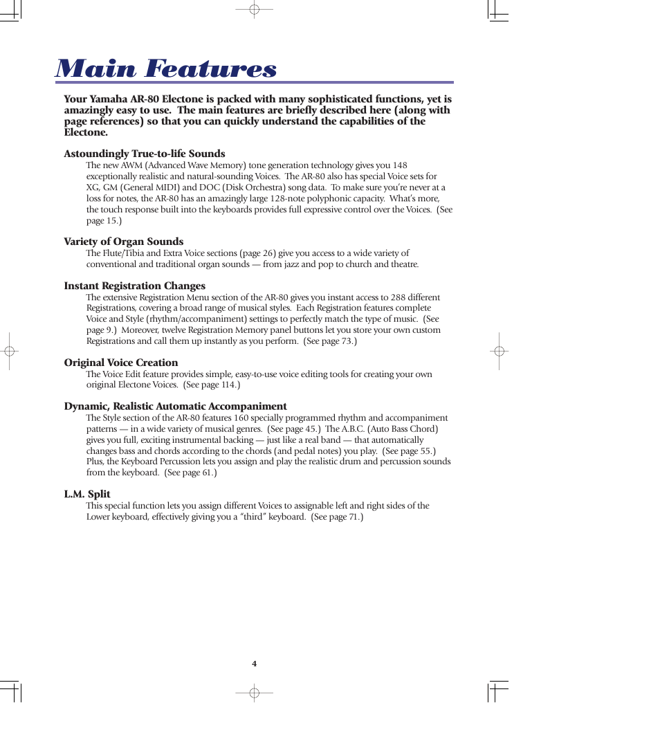 Main features | Yamaha AR-80 User Manual | Page 10 / 180