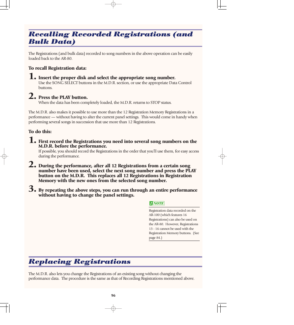 Recalling recorded registrations (and bulk data), Replacing registrations | Yamaha AR-80 User Manual | Page 102 / 180