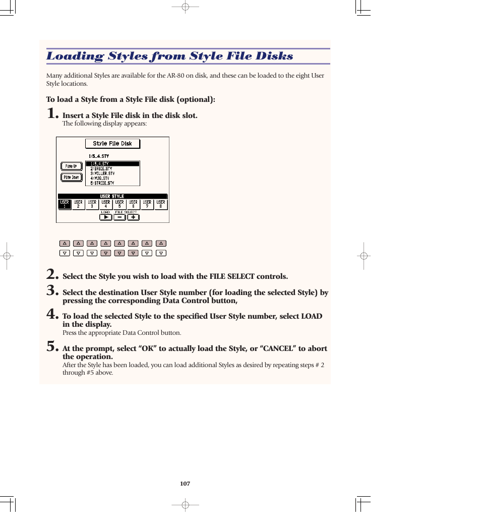 Loading styles from style file disks | Yamaha AR-80 User Manual | Page 113 / 180