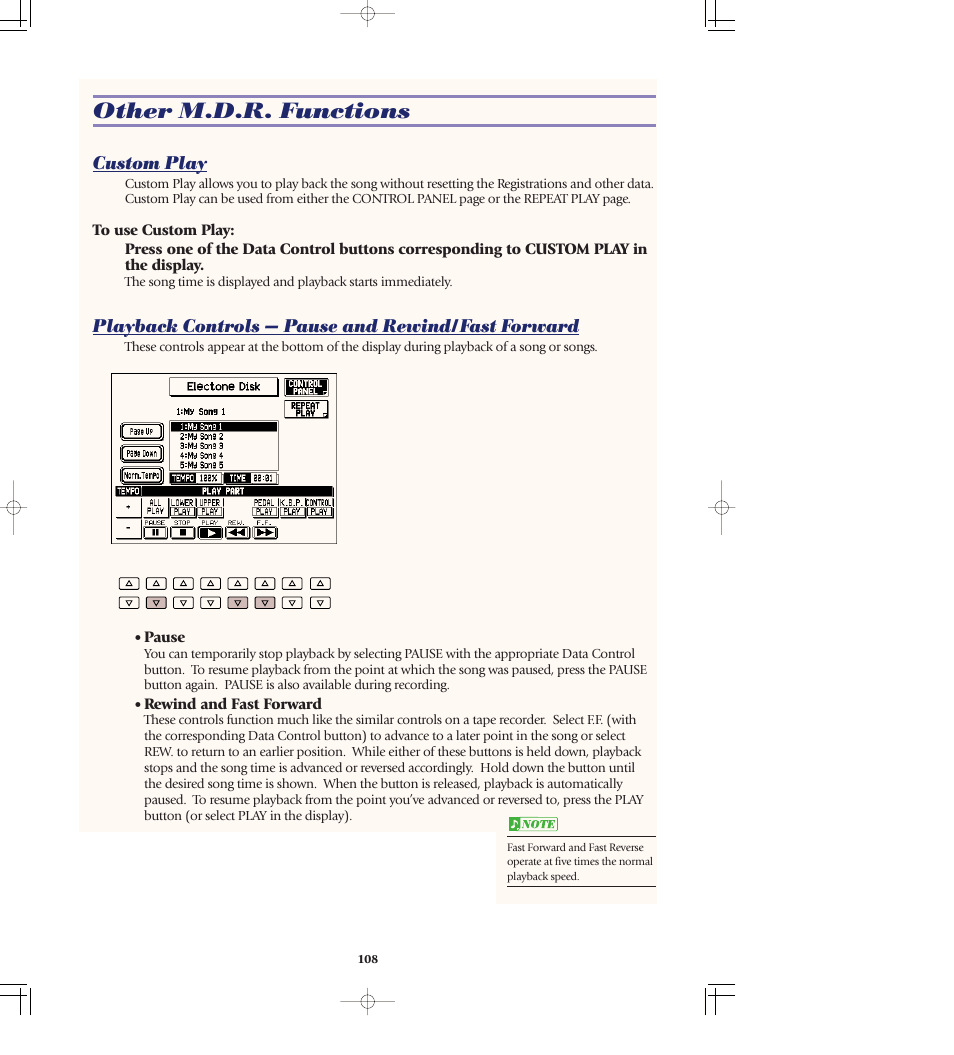 Other m.d.r. functions, Custom play, Playback controls -- pause and rewind/fast forward | Playback controls — pause and rewind/fast forward | Yamaha AR-80 User Manual | Page 114 / 180