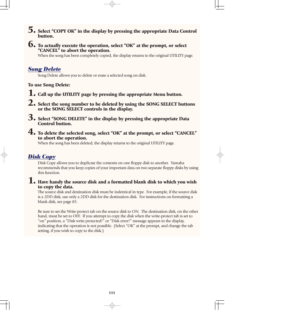 Song delete, Disk copy | Yamaha AR-80 User Manual | Page 117 / 180