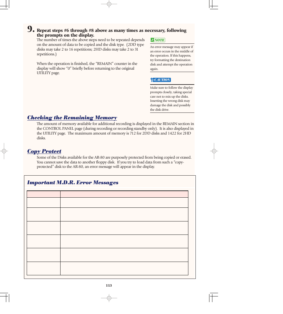 Copy protect, Checking the remaining memory copy protect, Important m.d.r. error messages | Yamaha AR-80 User Manual | Page 119 / 180