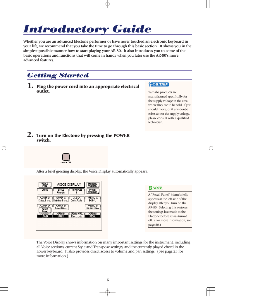 Introductory guide, Getting started, Power switch ..............................p. 6 | Yamaha AR-80 User Manual | Page 12 / 180