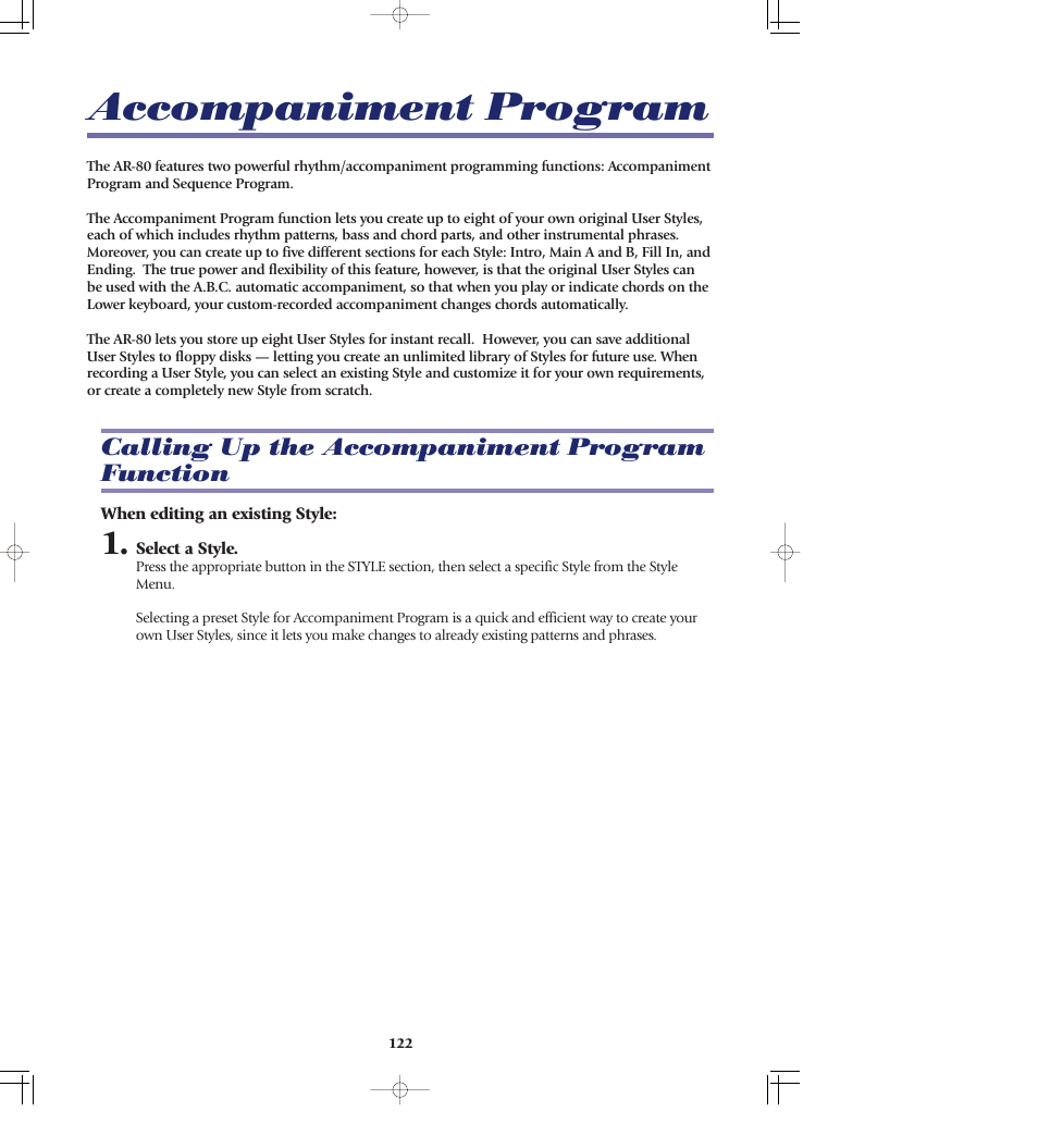 Accompaniment program, Calling up the accompaniment program function | Yamaha AR-80 User Manual | Page 128 / 180