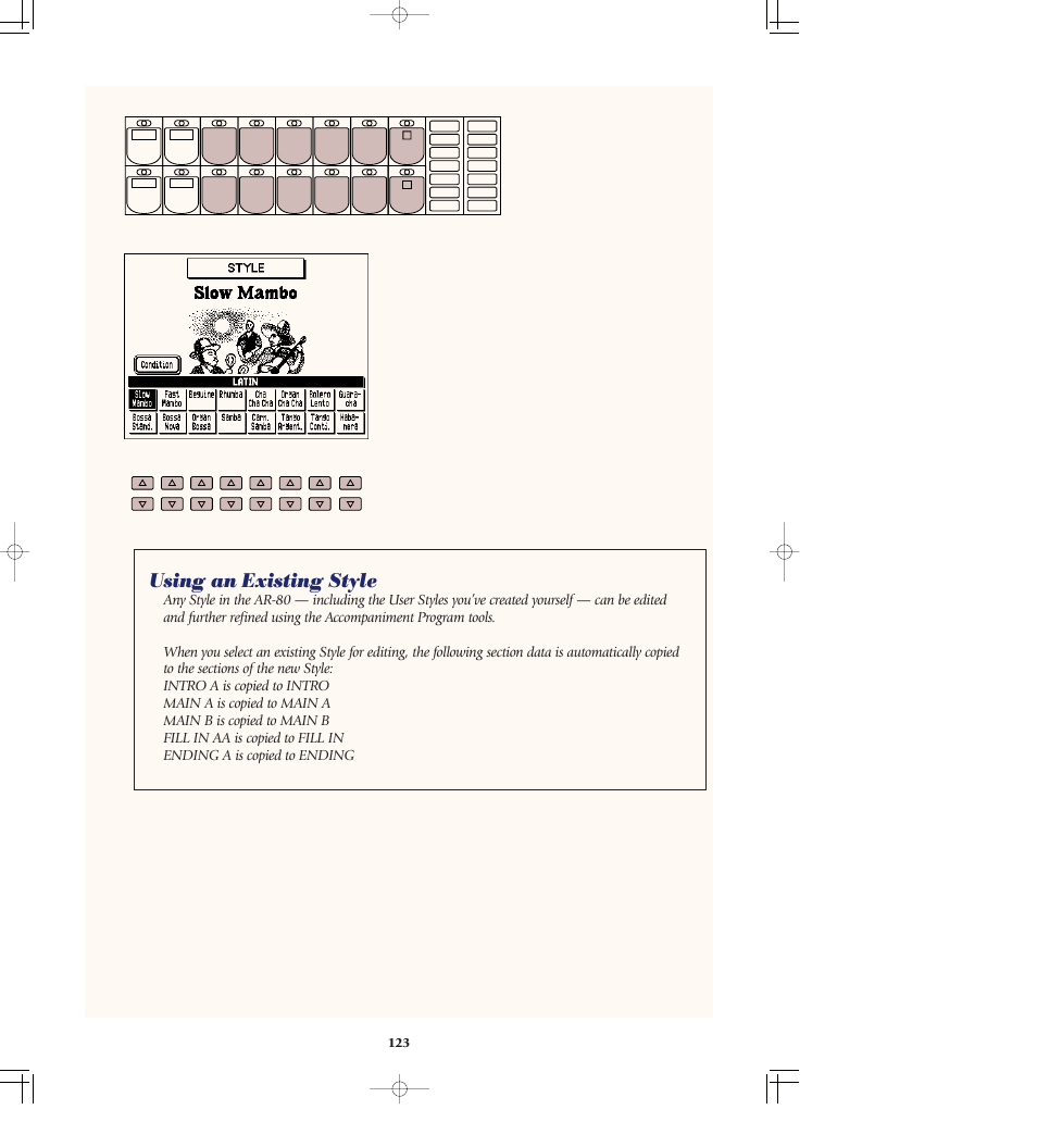 Using an existing style | Yamaha AR-80 User Manual | Page 129 / 180