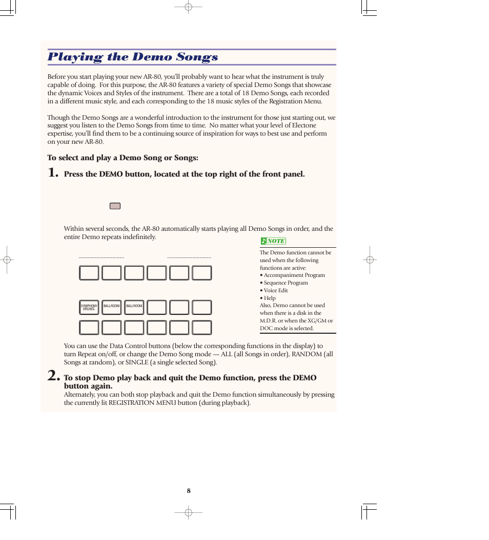 Playing the demo songs, Demo button ................................p. 8 | Yamaha AR-80 User Manual | Page 14 / 180