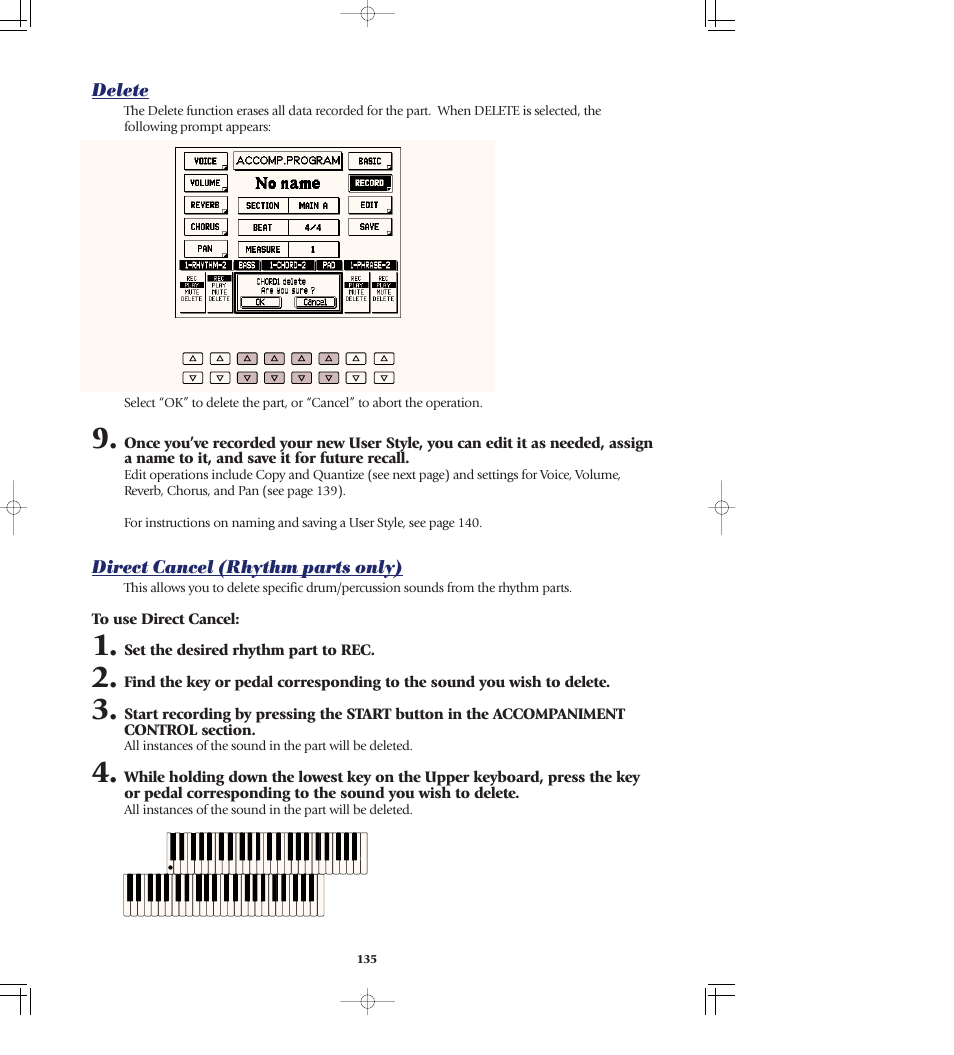 Delete, Direct cancel (rhythm parts only), Delete direct cancel (rhythm parts only) | Yamaha AR-80 User Manual | Page 141 / 180