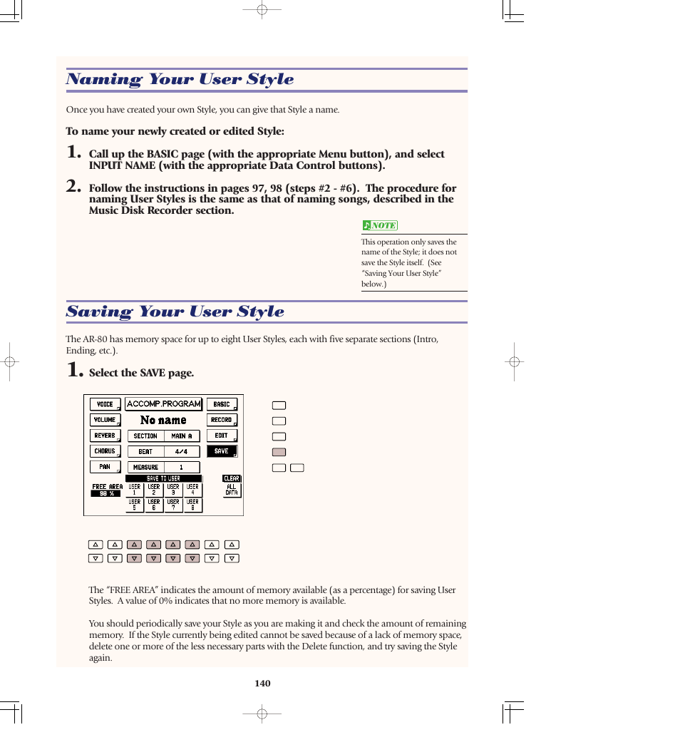 Naming your user style, Saving your user style, Naming your user style saving your user style | Yamaha AR-80 User Manual | Page 146 / 180