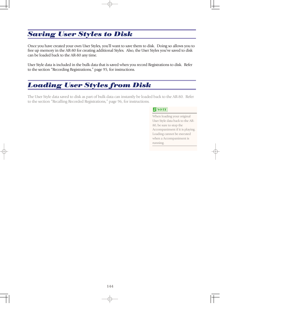 Saving user styles to disk, Loading user styles from disk | Yamaha AR-80 User Manual | Page 150 / 180