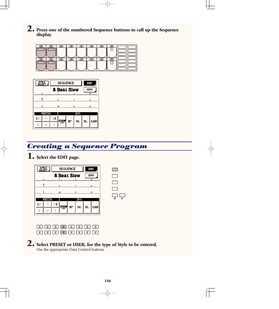 Creating a sequence program, Select the edit page, Use the appropriate data control buttons | Yamaha AR-80 User Manual | Page 152 / 180