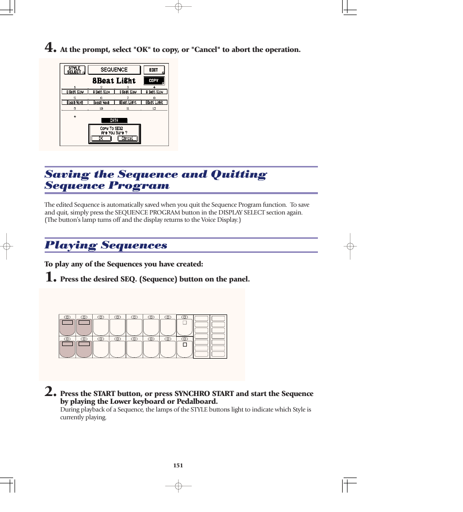 Saving the sequence and quitting sequence program, Playing sequences | Yamaha AR-80 User Manual | Page 157 / 180