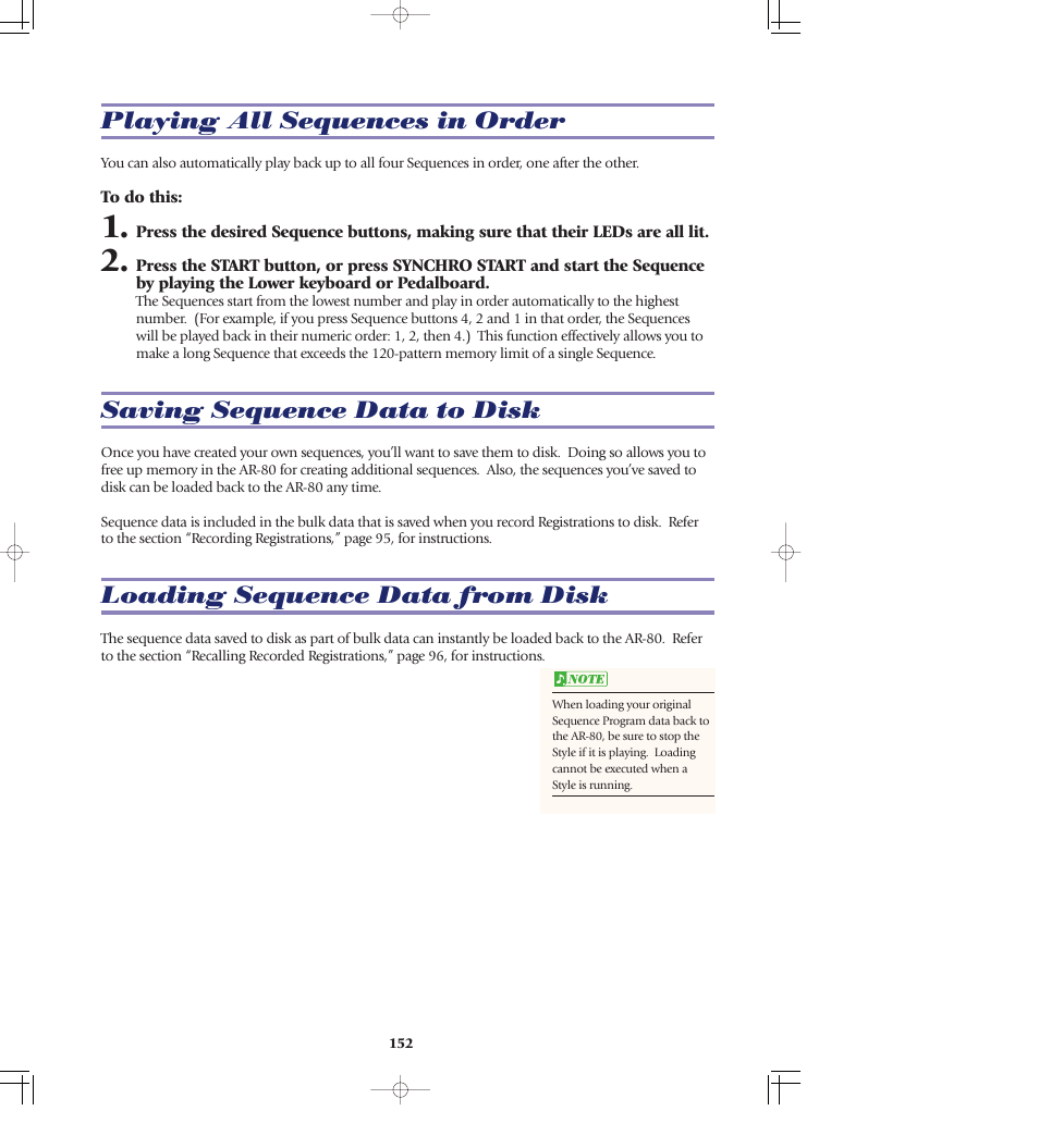 Playing all sequences in order, Saving sequence data to disk, Loading sequence data from disk | Yamaha AR-80 User Manual | Page 158 / 180