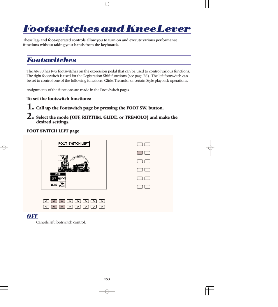 Foot switches and knee lever, Footswitches, Footswitches and knee lever | Footswitches and kneelever | Yamaha AR-80 User Manual | Page 159 / 180