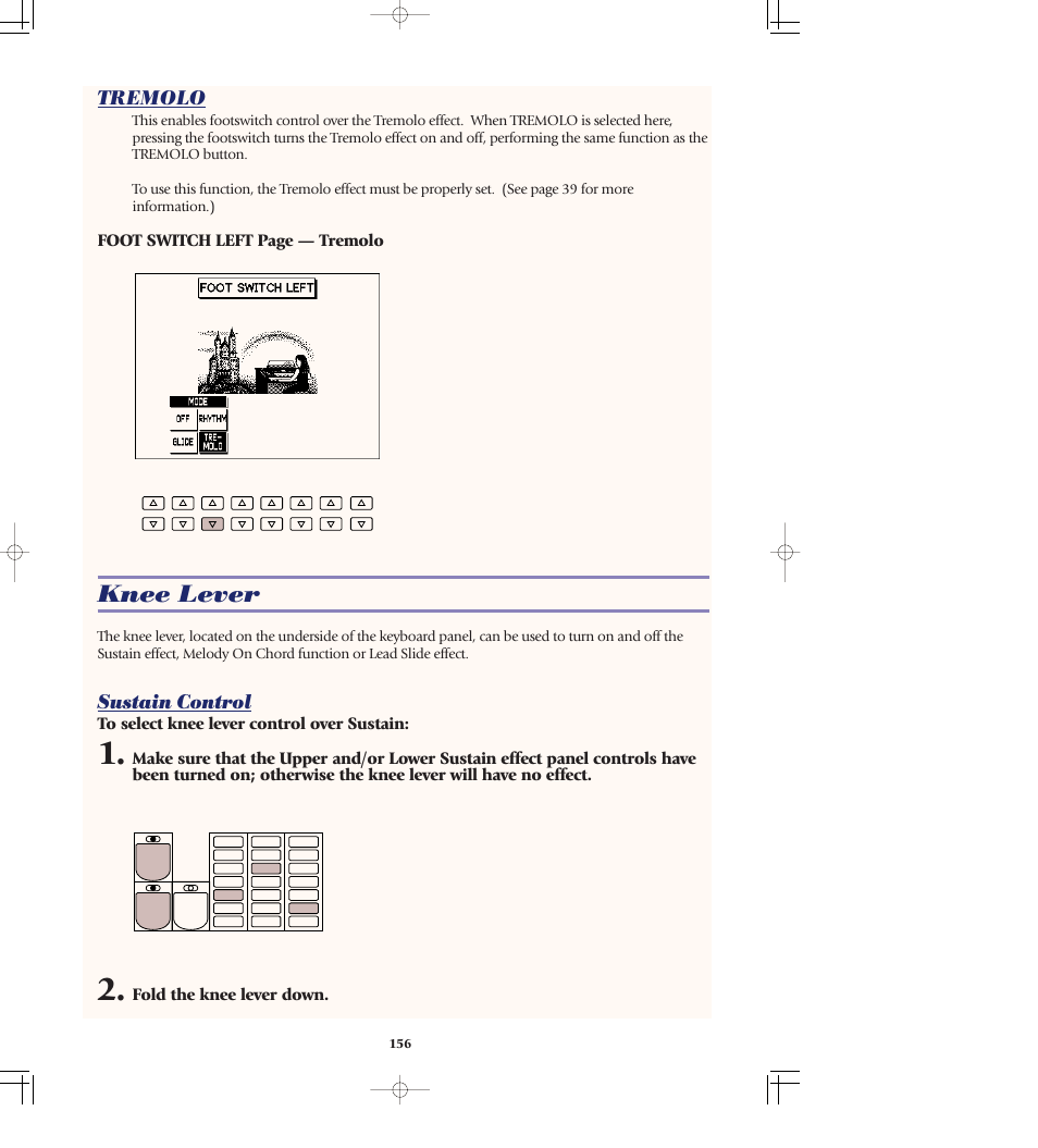 Tremolo, Knee lever, Sustain control | Foot switch left page — tremolo, Fold the knee lever down | Yamaha AR-80 User Manual | Page 162 / 180