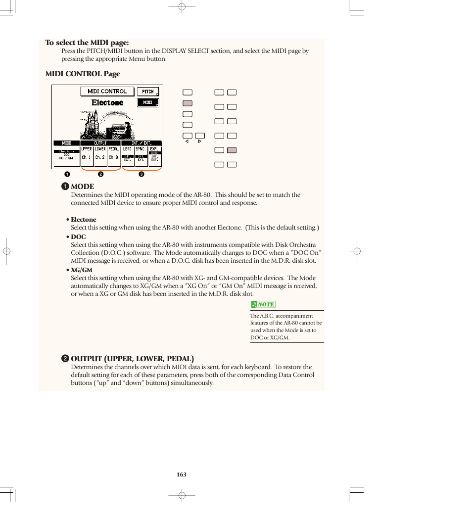 Midi control page 1 mode, 2 output (upper, lower, pedal) | Yamaha AR-80 User Manual | Page 169 / 180