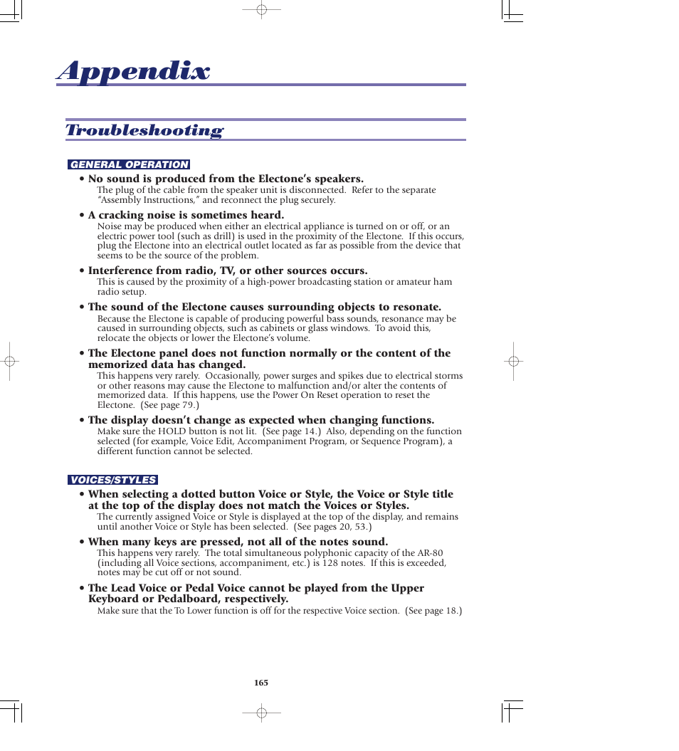 Appendix, Troubleshooting | Yamaha AR-80 User Manual | Page 171 / 180