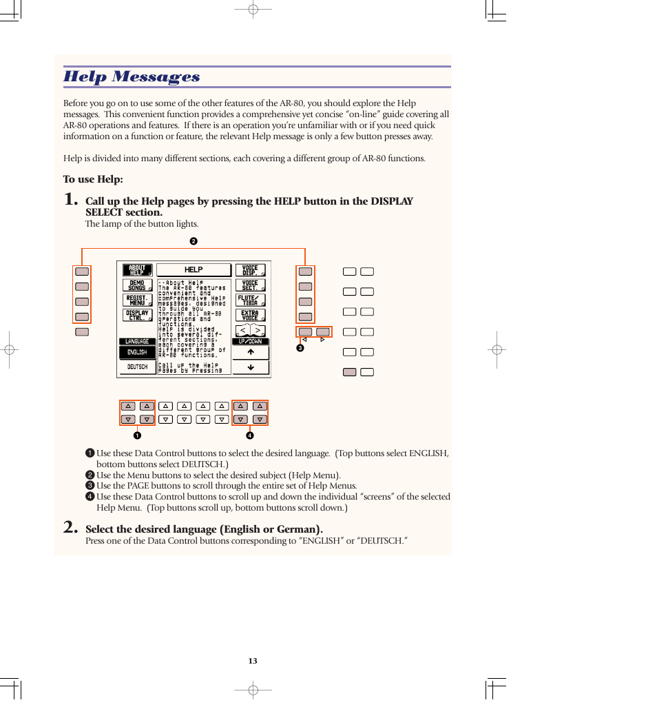 Help messages, Select the desired language (english or german) | Yamaha AR-80 User Manual | Page 19 / 180