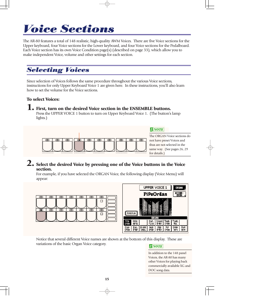 Voice sections, Selecting voices, Lead voice ..............................p. 15 | Upper keyboard voice ......p. 15, Lower keyboard voice ......p. 15, Pedal voice ............................p. 15, Ensemble buttons ....................p. 15 | Yamaha AR-80 User Manual | Page 21 / 180