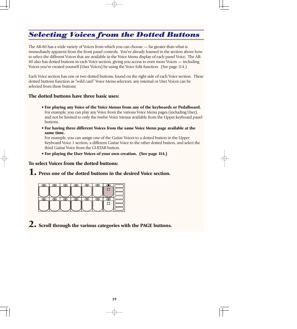 Selecting voices from the dotted buttons, The dotted buttons have three basic uses | Yamaha AR-80 User Manual | Page 25 / 180
