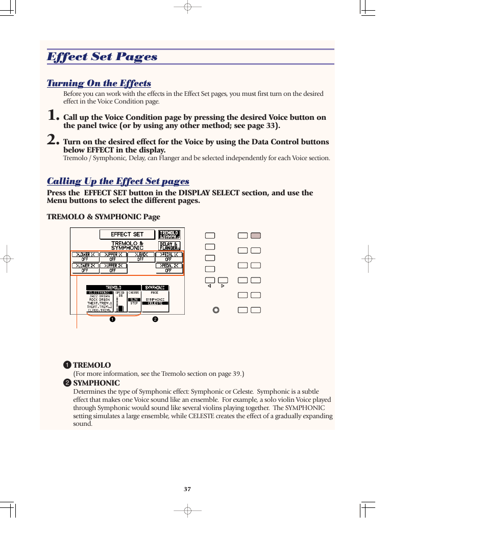 Turning on the effects, Effect set pages, Calling up the effect set pages | 2 symphonic | Yamaha AR-80 User Manual | Page 43 / 180