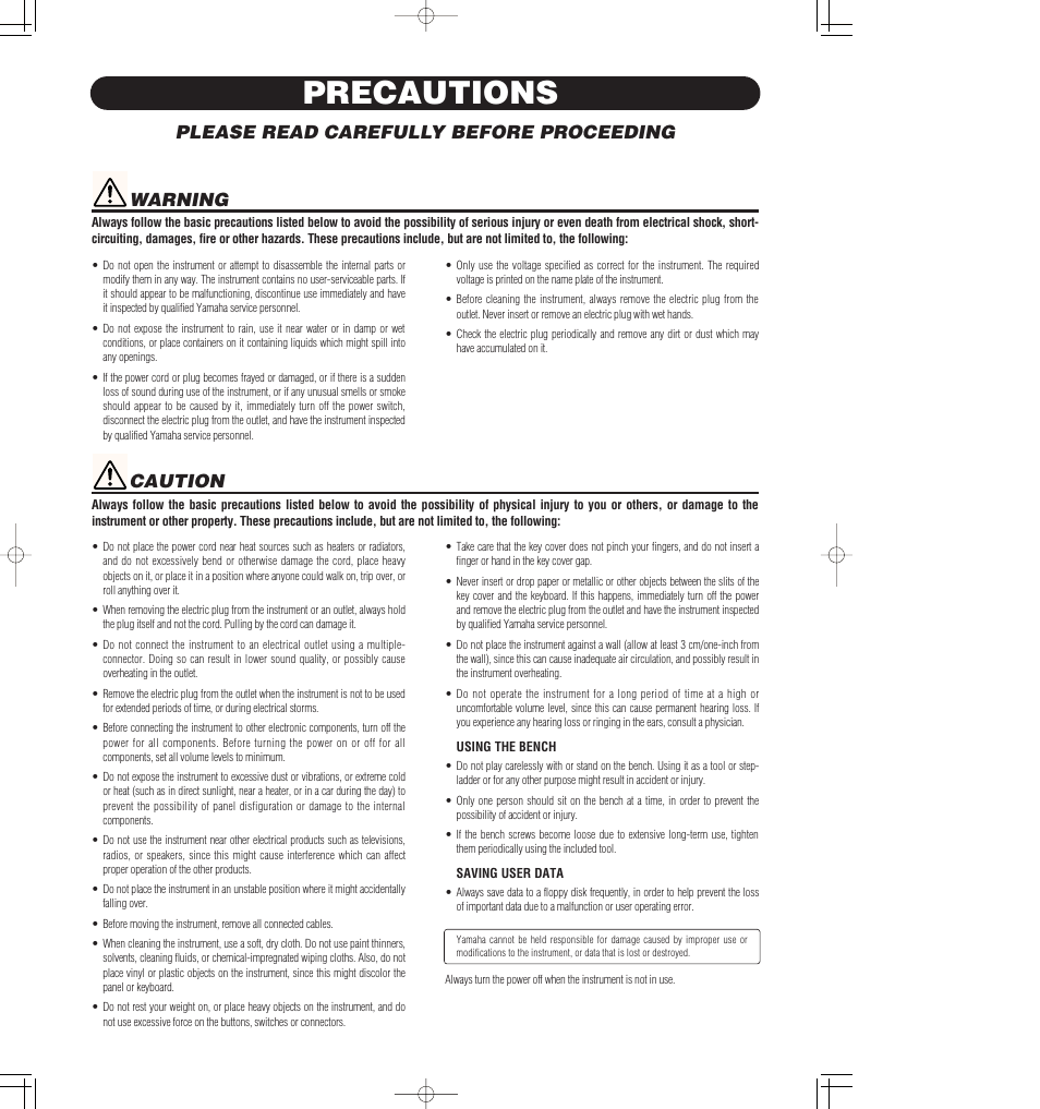 Precautions, Please read carefully before proceeding, Warning | Caution | Yamaha AR-80 User Manual | Page 5 / 180