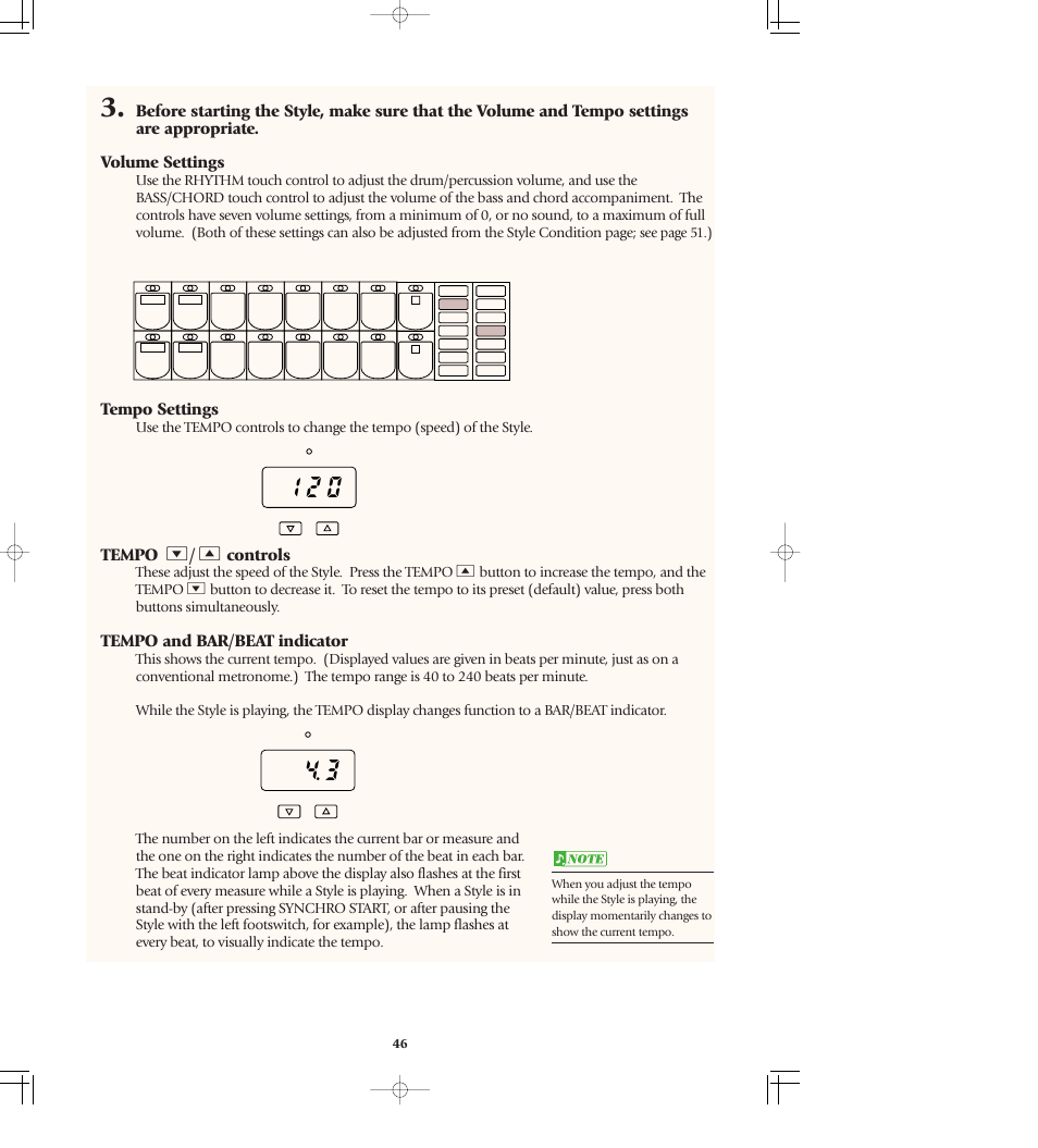 Bar/beat display ..................p. 46, Tempo buttons ..........................p. 46, Tempo settings | Tempo b / a controls, Tempo and bar/beat indicator | Yamaha AR-80 User Manual | Page 52 / 180