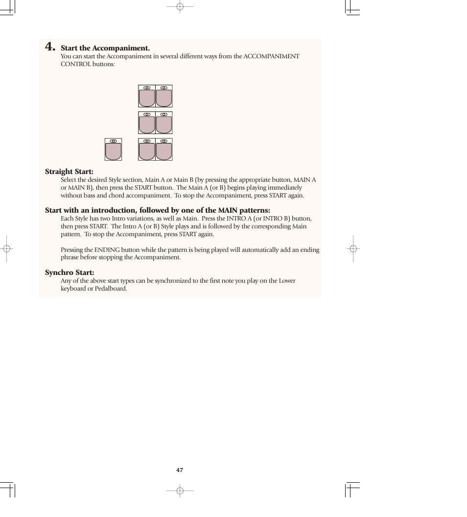 Accompaniment control ..p. 47, Start the accompaniment, Straight start | Synchro start | Yamaha AR-80 User Manual | Page 53 / 180