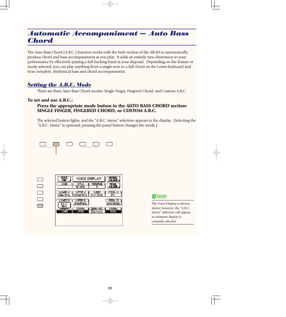 Automatic accompaniment -- auto bass chord, Setting the a.b.c. mode, Styles (rhythm and | Accompaniment), Selecting and playing styles, Automatic accompaniment — auto bass chord, Auto bass chord..................p. 55 | Yamaha AR-80 User Manual | Page 61 / 180