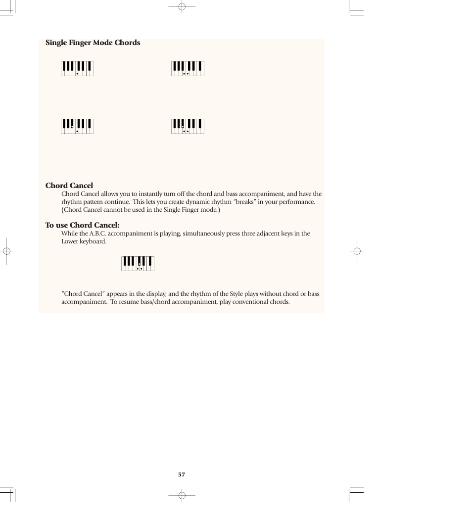 Single finger mode chords c c7 major, Chord cancel, Single finger mode chords chord cancel | Yamaha AR-80 User Manual | Page 63 / 180
