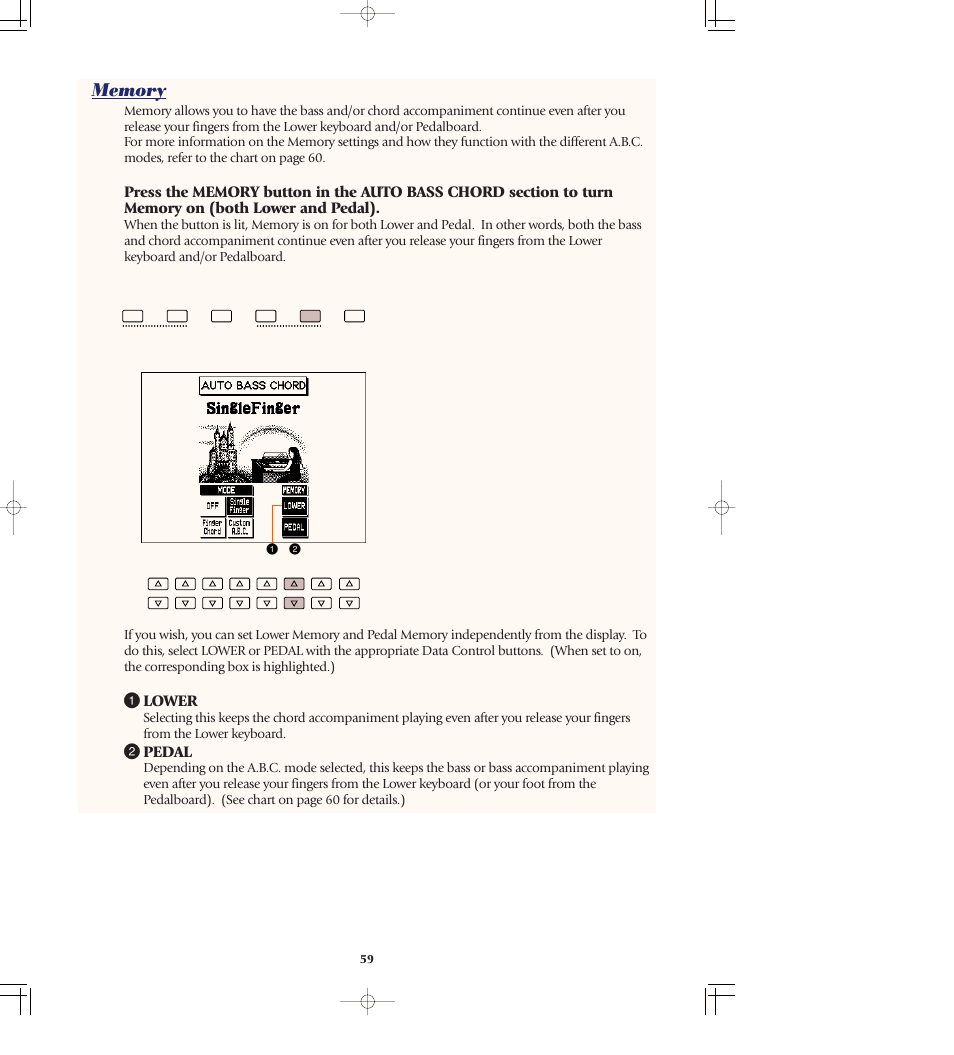 Memory, 1 lower, 2 pedal | Yamaha AR-80 User Manual | Page 65 / 180