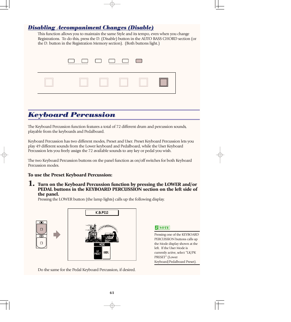 Disabling accompaniment changes (disable), Keyboard percussion, D. (disable) button ................p. 61, 74 | Keyboard percussion........p. 61 | Yamaha AR-80 User Manual | Page 67 / 180