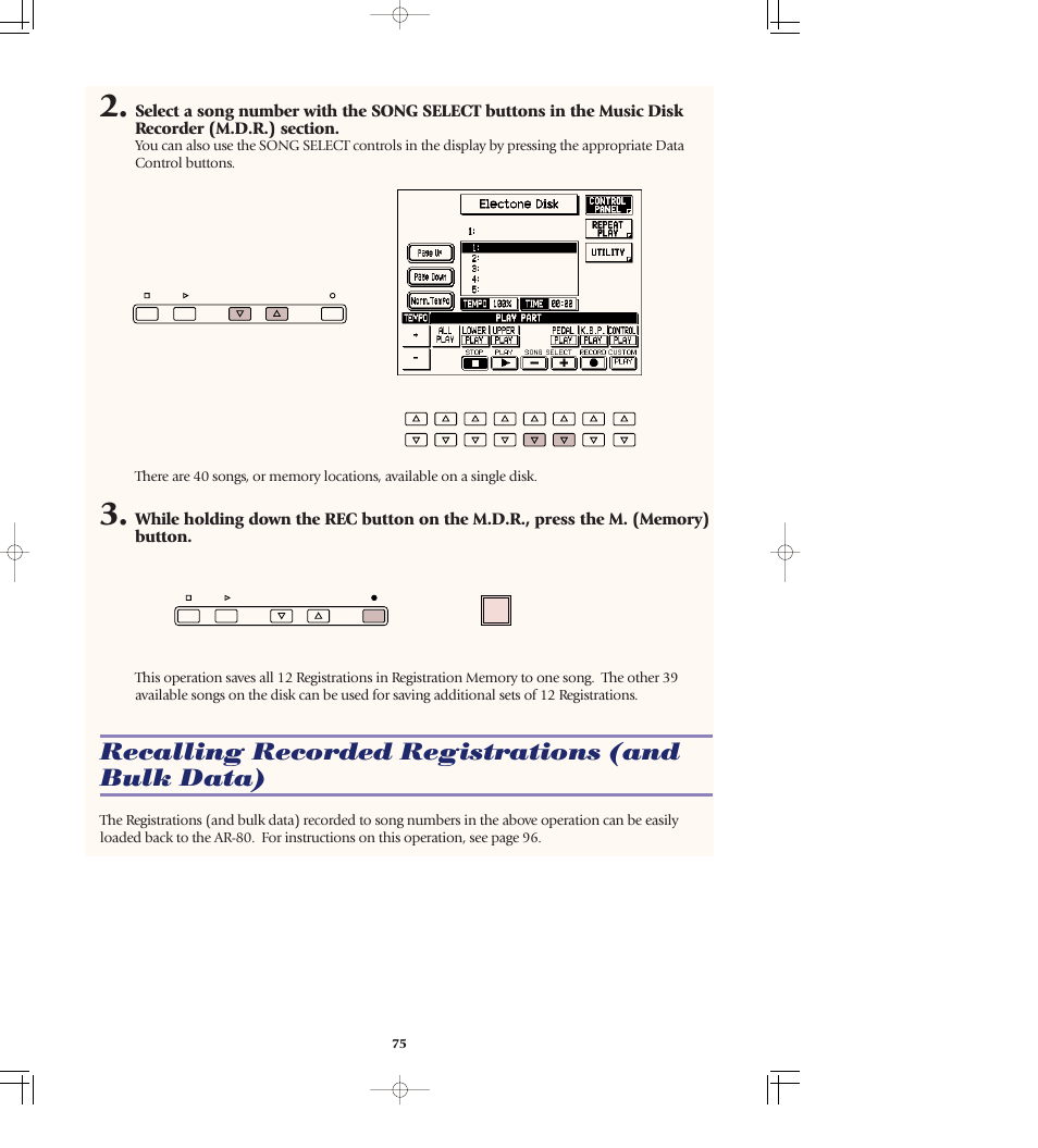 Recalling recorded registrations (and bulk data) | Yamaha AR-80 User Manual | Page 81 / 180