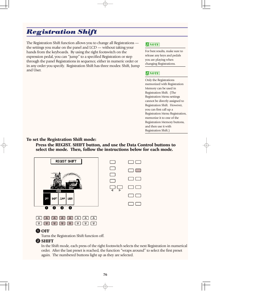 Registration shift, 2 shift, Turns the registration shift function off | Yamaha AR-80 User Manual | Page 82 / 180