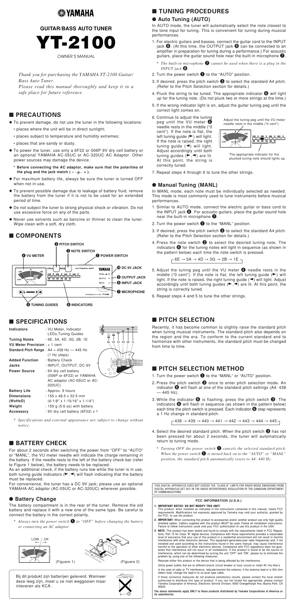 Yt-2100, Tuning procedures, Precautions | Components ■ specifications, Battery check, Pitch selection, Pitch selection method, Auto tuning (auto), Manual tuning (manl), Guitar/bass auto tuner | Yamaha YT-2100 User Manual | Page 2 / 4