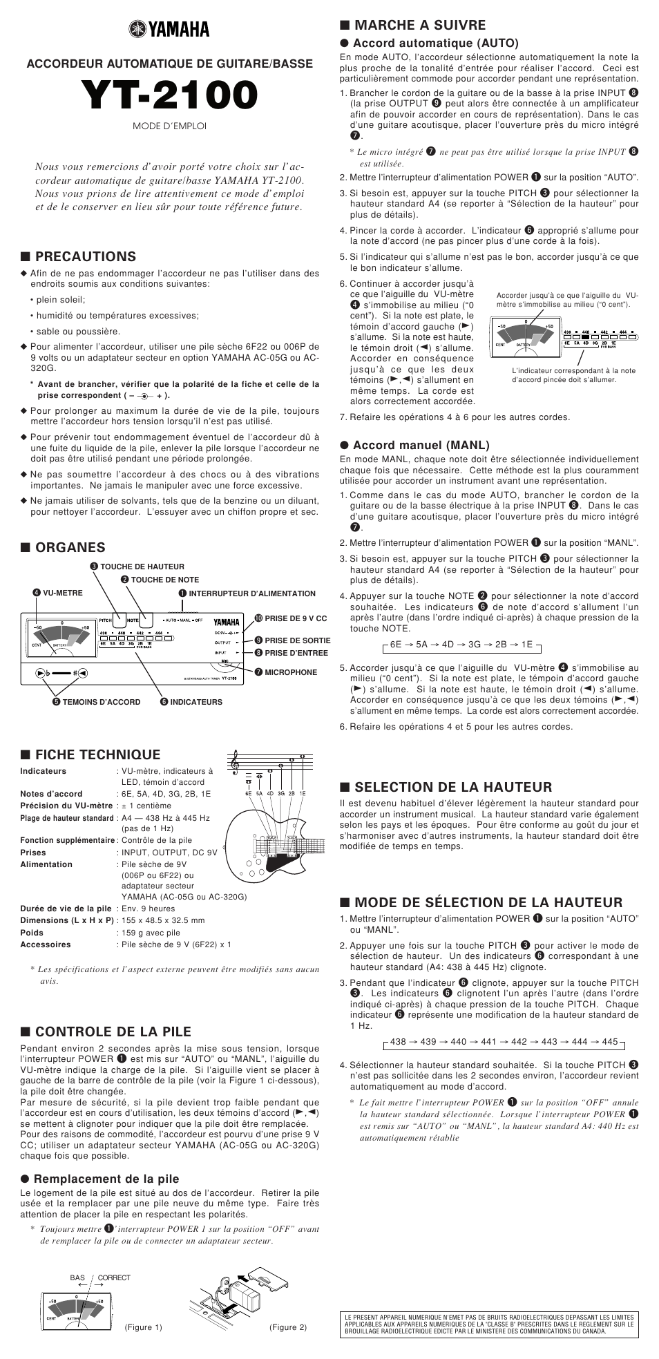 Yt-2100, Marche a suivre, Precautions | Fiche technique, Organes, Controle de la pile, Selection de la hauteur, Mode de sélection de la hauteur | Yamaha YT-2100 User Manual | Page 3 / 4