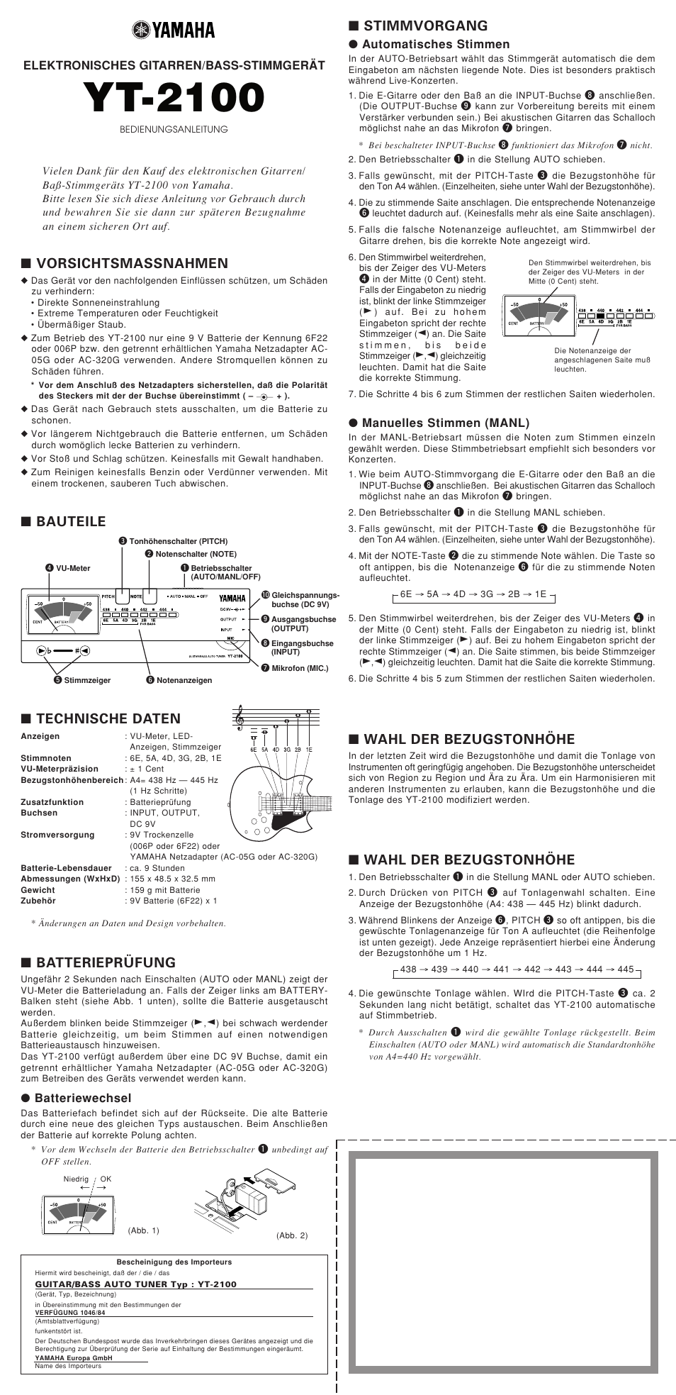 Yt-2100, Stimmvorgang, Vorsichtsmassnahmen | Batterieprüfung, Bauteile, Technische daten, Wahl der bezugstonhöhe | Yamaha YT-2100 User Manual | Page 4 / 4