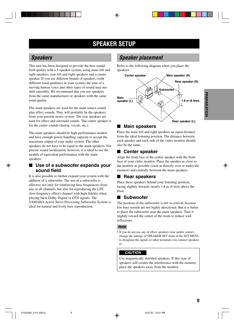 Preparation, Speaker setup, Speakers | Speaker placement, Use of a subwoofer expands your sound field, Main speakers, Center speaker, Rear speakers, Subwoofer | Yamaha RX-V530 User Manual | Page 13 / 67