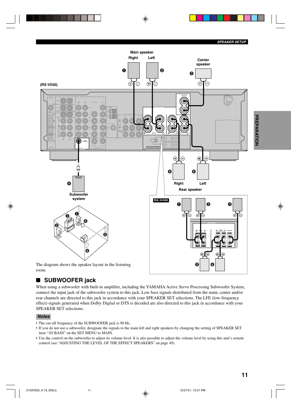 Subwoofer jack, Speaker setup | Yamaha RX-V530 User Manual | Page 15 / 67