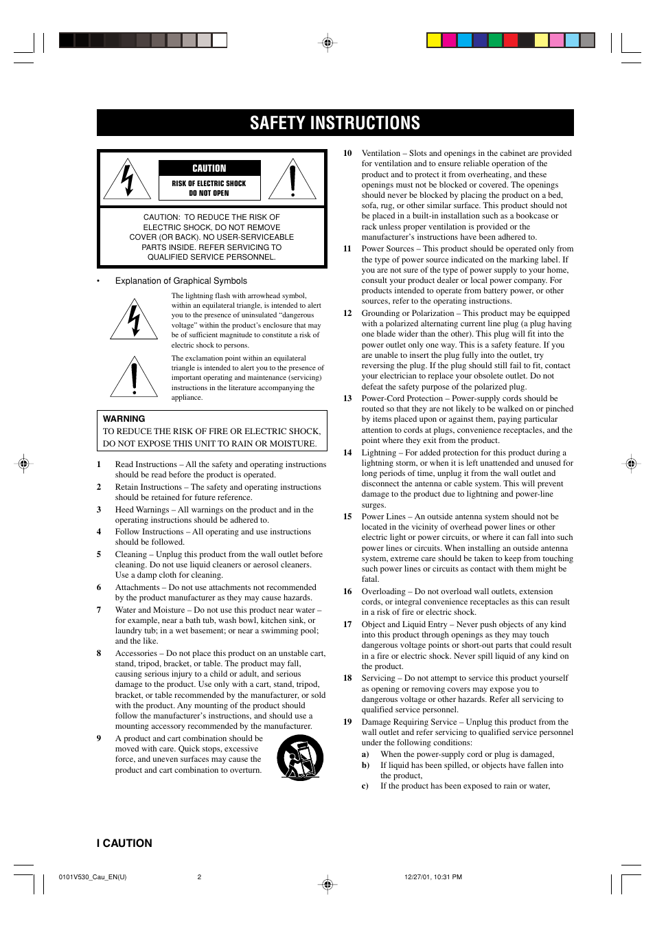 Safety instructions, I caution | Yamaha RX-V530 User Manual | Page 2 / 67