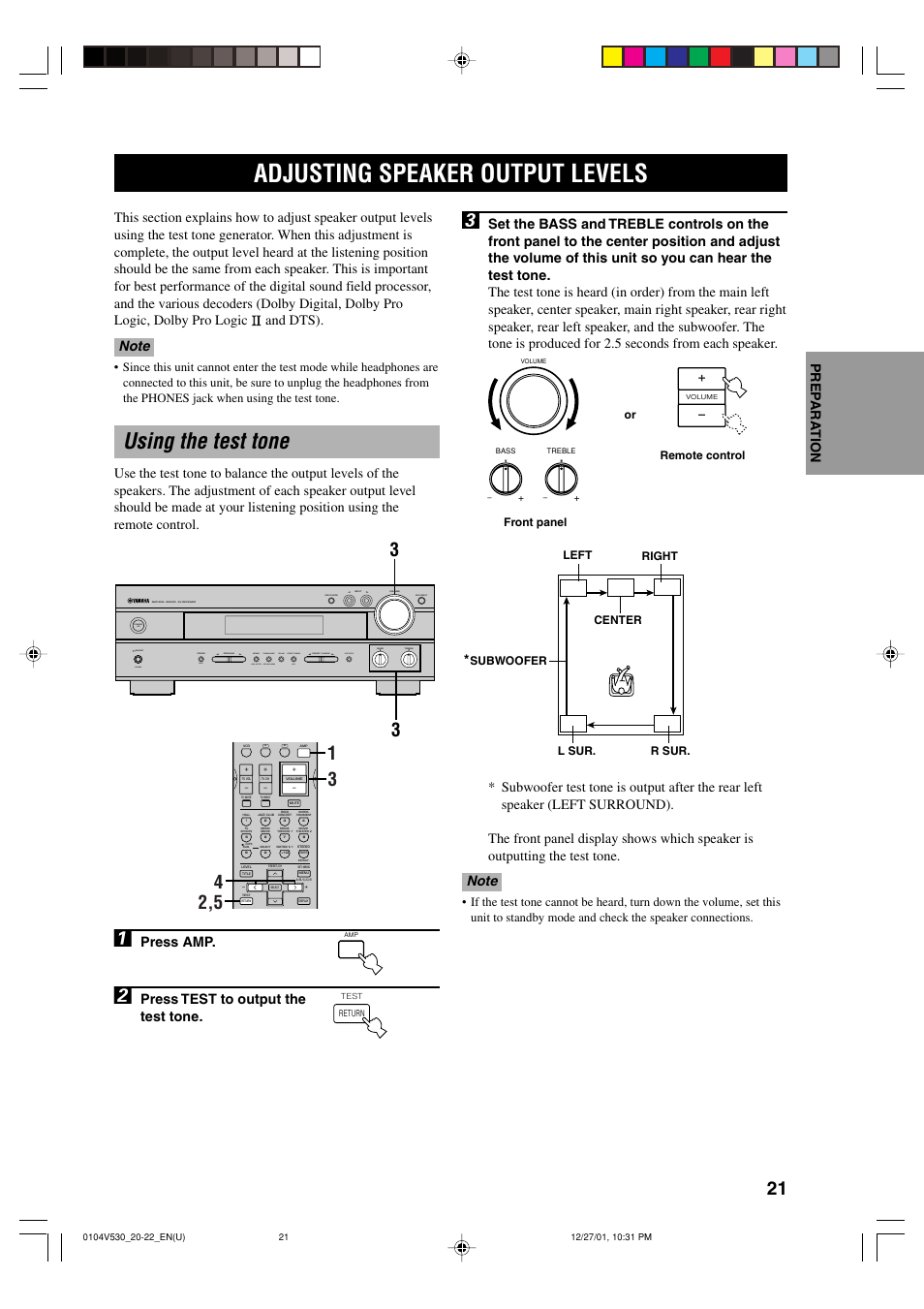 Adjusting speaker output levels, Using the test tone, Press amp | Press test to output the test tone | Yamaha RX-V530 User Manual | Page 25 / 67