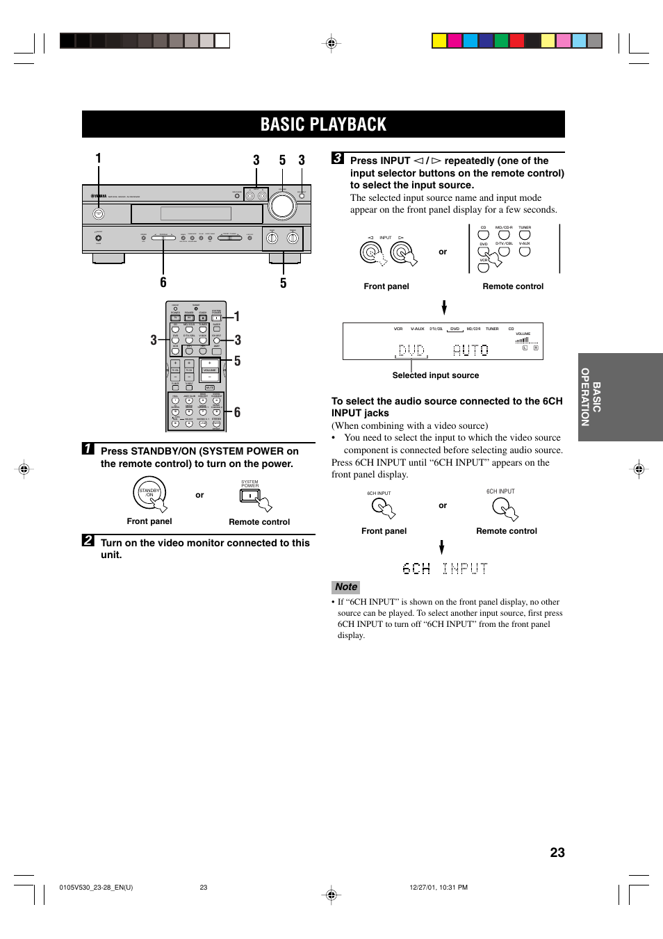 Basic operation, Basic playback, Turn on the video monitor connected to this unit | Yamaha RX-V530 User Manual | Page 27 / 67